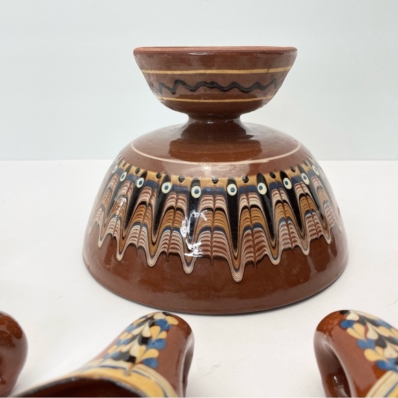 TROYAN Bulgaria Feather Pottery Pedestal Bowl &  6 Cups - Picture 12 of 13